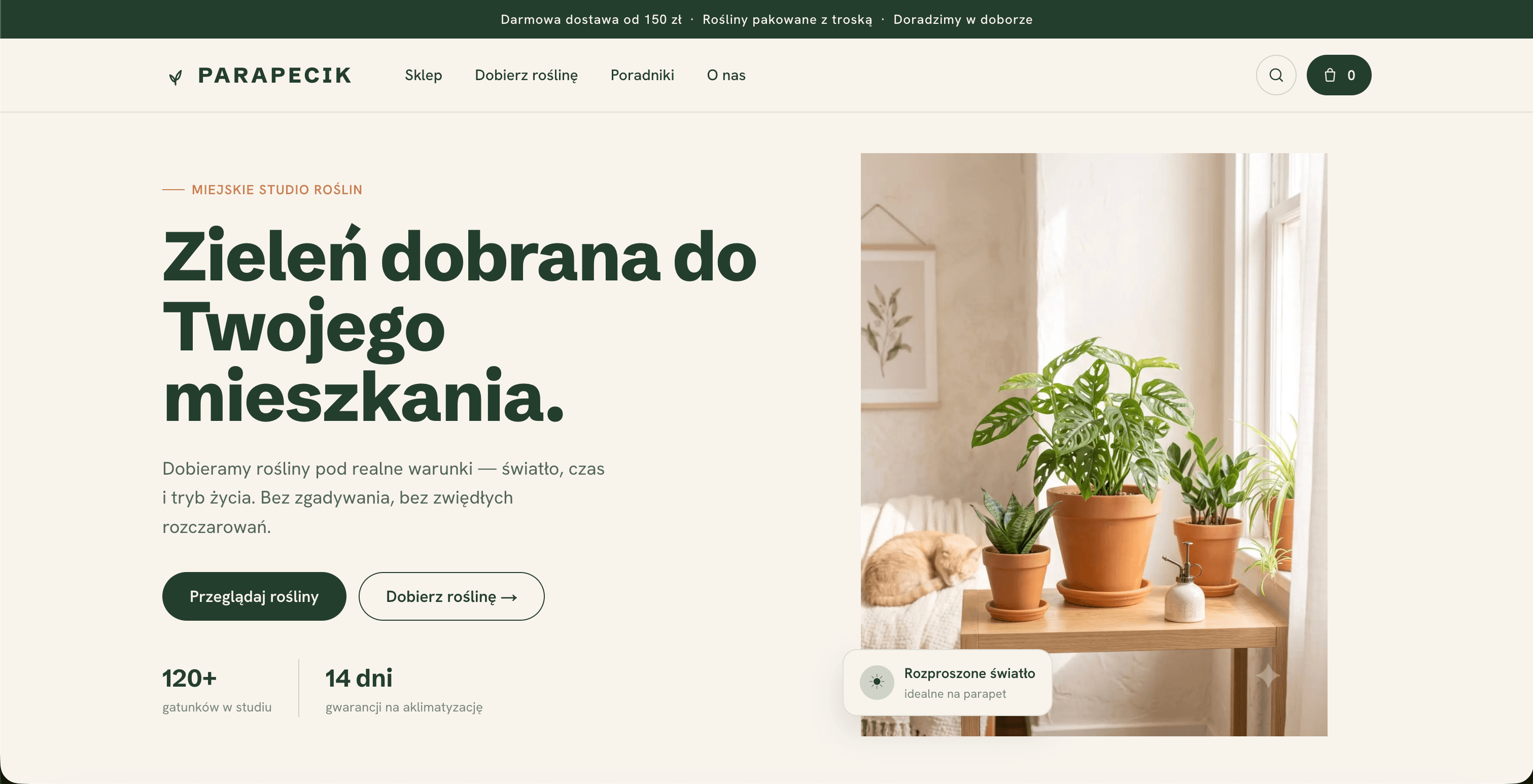 Realizacja: sklep z roślinami Parapecik — jasny, spokojny layout z hasłem „Zieleń dobrana do Twojego mieszkania”.