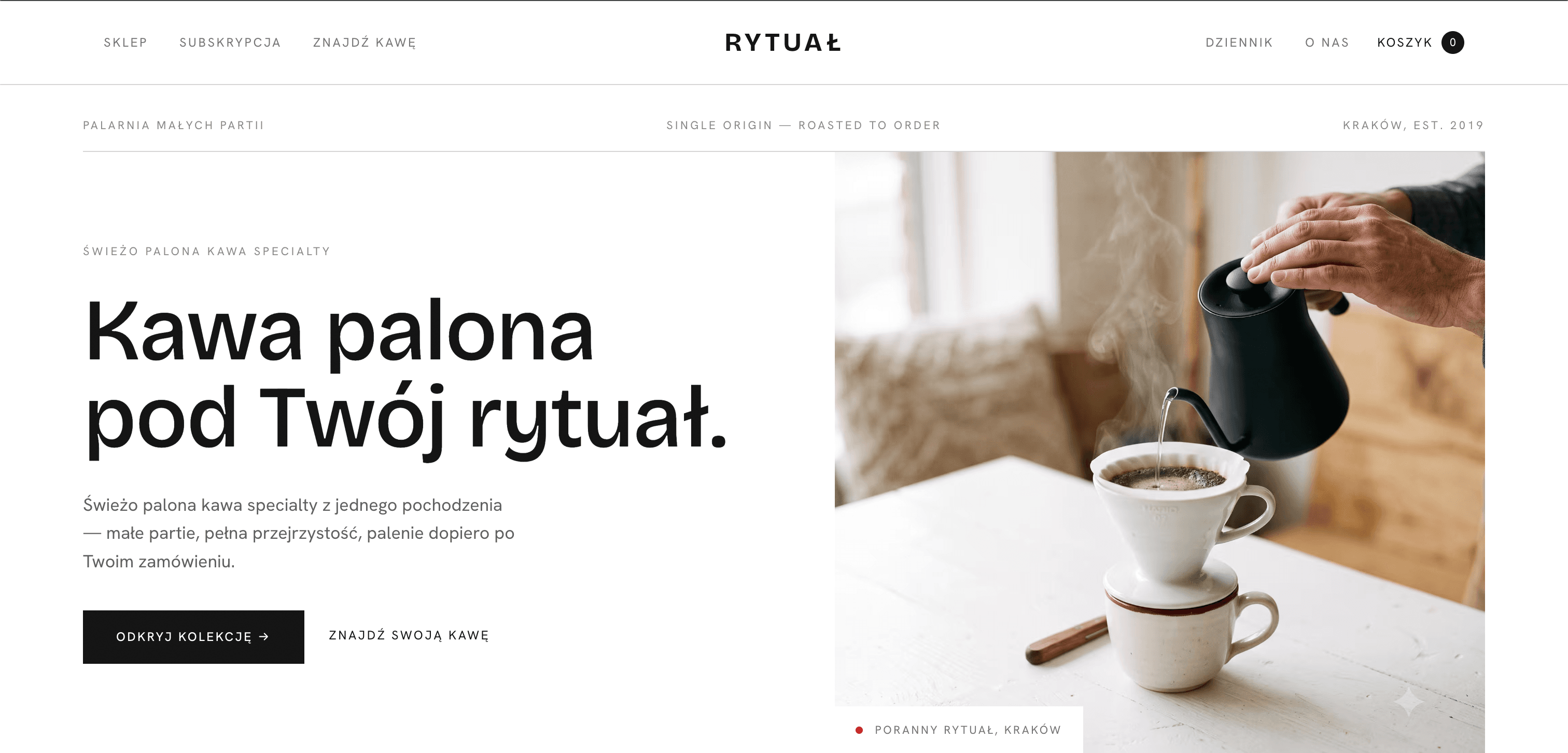 Realizacja: sklep palarni kawy Rytuał — ciemny, edytorski layout z hasłem „Kawa palona pod Twój rytuał”.